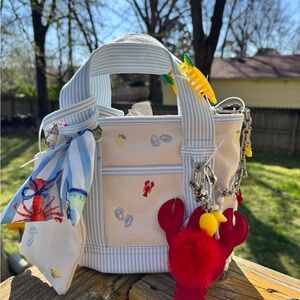 Madden Girl Costal Canvas Tote with Light Blue Stripes and Red Lobster Charm